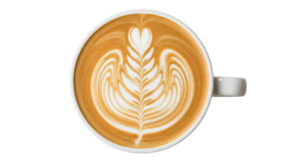 Latte art in a white cup isolated on transparent PNG, coffee drink with leaf pattern for cafe menu and beverage design