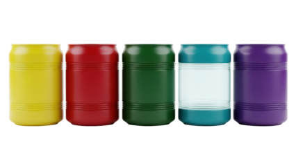 Colorful soda cans isolated PNG, vibrant yellow red green teal and purple drink containers on transparent background