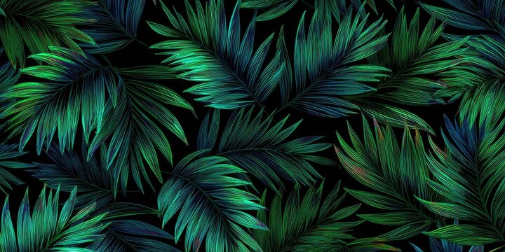 Lush, digitally rendered tropical leaves in shades of green on a solid black background