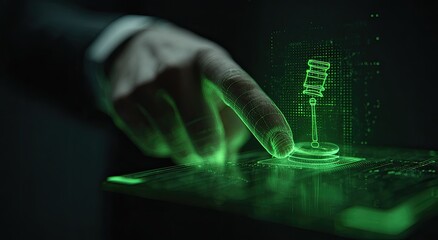 Finger touches glowing digital gavel, representing justice and legal decisions
