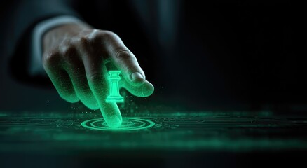 Hand touching glowing chess piece on digital interface, symbolizing strategy
