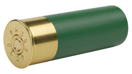 Green shotgun shell isolated PNG, ammunition for hunting or sport shooting on transparent background