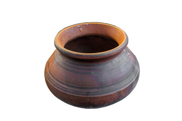 A rustic, round terracotta pot, brown earthenware, shows horizontal lines from its creation. Its a simple, traditional cooking or storage vessel.