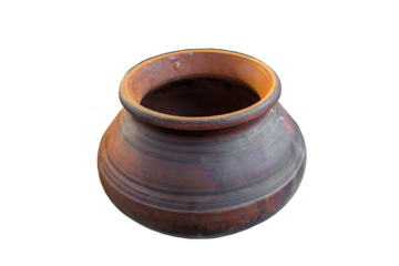 A rustic, round terracotta pot, brown earthenware, shows horizontal lines from its creation. Its a simple, traditional cooking or storage vessel.