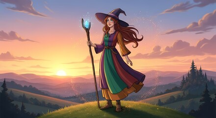 Kind Witch Colorful Fantasy Landscape