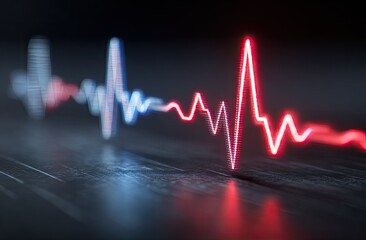 Glowing red and blue wave pulses on a textured dark surface