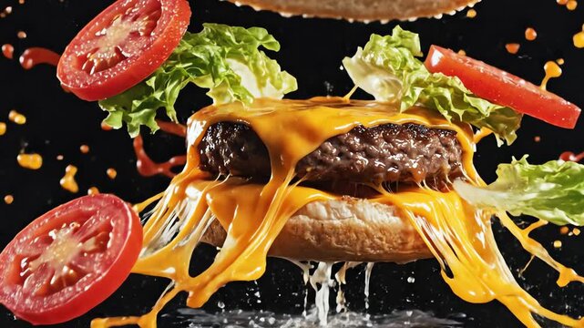 Exploding Hamburger in Super Slow Motion with Floating Ingredients &ndash; AI Generated