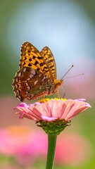 Obraz premium Close-up of a butterfly with spotted wings perched on a pink flower