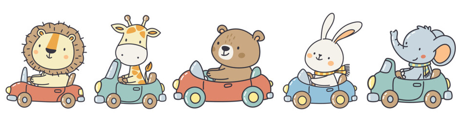 Cute animals riding in cars: a lion, a rabbit, a giraffe, an elephant, a bear. Cute vector illustrations with outlines on a white background. . Vector illustration