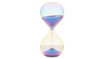 Elegant iridescent hourglass with blue sand isolated PNG, time management concept for deadlines and productivity on transparent background