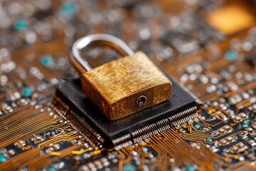 A close-up view of a padlock resting on a microchip within a computer circuit board