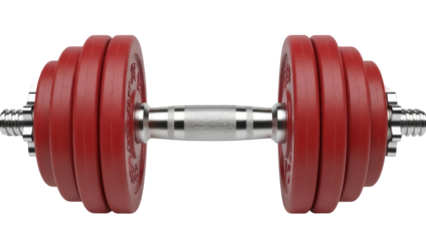 Red dumbbell with chrome handle isolated PNG, adjustable weight training equipment for fitness, bodybuilding and strength exercises on transparent background