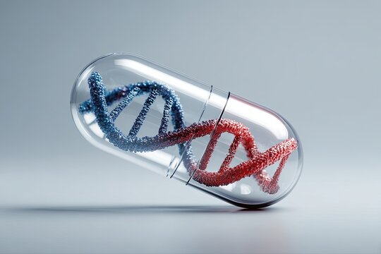 Transparent capsule containing a red and blue double helix DNA molecule - Powered by Adobe