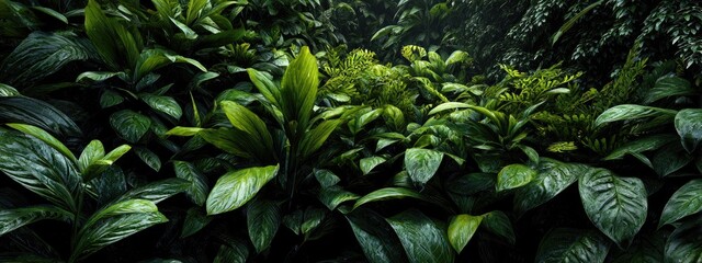 Fototapeta premium Lush, dark-green foliage and leaves densely populate frame, creating a verdant and rich texture