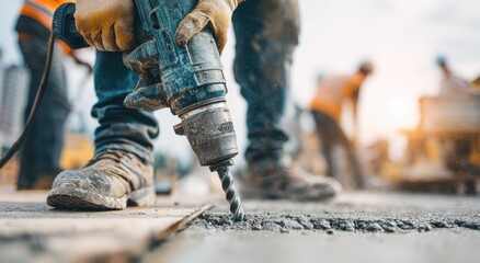 Close-up of worker's gloved hands operating a drill on concrete