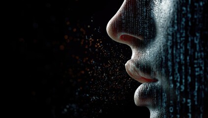 Digital human face dissolving into binary code and particles