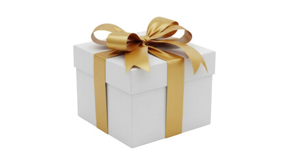 Fototapeta premium Elegant white gift box with golden ribbon isolated PNG, present for Christmas or birthday on transparent background, festive surprise