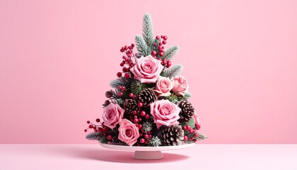 Pink Christmas tree decorated with roses, ornaments and ribbons on soft pastel background, elegant festive concept, dreamy lighting, artistic holiday still life