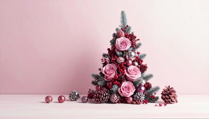 Pink Christmas tree decorated with roses, ornaments and ribbons on soft pastel background, elegant festive concept, dreamy lighting, artistic holiday still life
