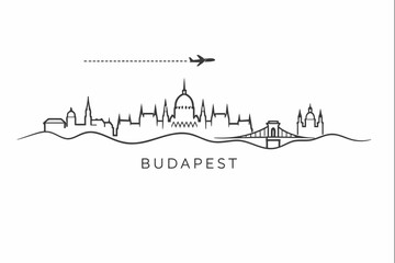 Naklejka premium Budapest city skyline with airplane travel vector illustration
