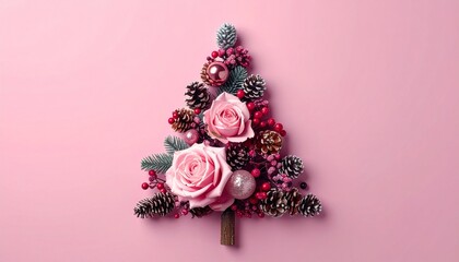 Pink Christmas tree decorated with roses, ornaments and ribbons on soft pastel background, elegant festive concept, dreamy lighting, artistic holiday still life