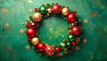 Festive Christmas wreath with red and gold ornaments, pine branches and stars on green background, elegant holiday decoration, soft glowing lighting, rich seasonal mood