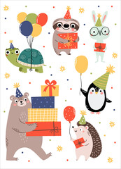 A set of cute vector illustrations in a simple children's style. Animals celebrating a birthday: a bear, a turtle, a hedgehog, a rabbit, a penguin, and a sloth. Balloons, gifts. Vector illustration