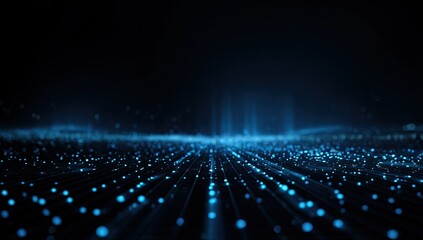 Digital landscape with glowing blue orbs and vertical light shafts, abstract, dark