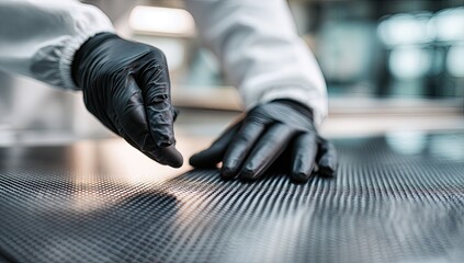 Gloved hands carefully inspect a patterned composite material in a sterile environment