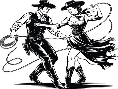Vintage western cowboy and cowgirl vector illustration, dancing with lassos in retro woodcut style drawing