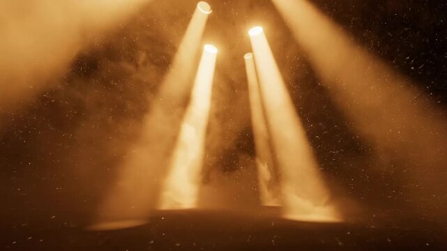 Cinematic shot of warm volumetric light rays filtering through a dusty, hazy atmosphere, casting shifting golden and amber beams downward deep space, background, texture