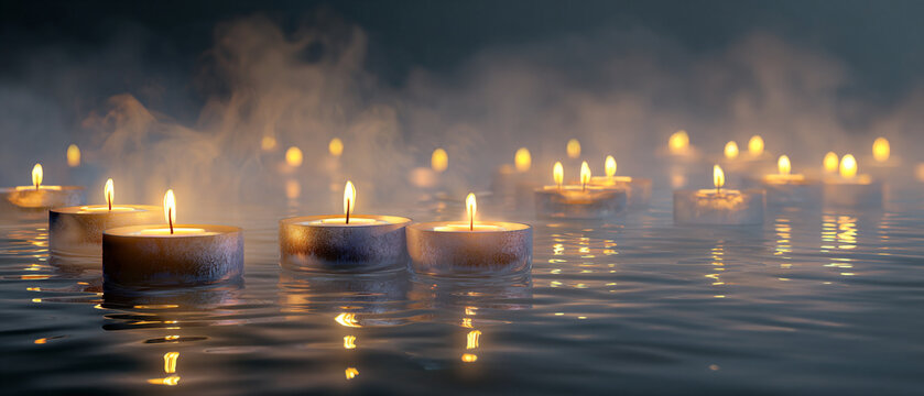 Serene floating candles on water with smoke and flame reflections at dusk or dawn moment