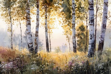 Watercolor depiction of birch trees in a sunlit forest, with wildflowers in the foreground