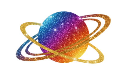 Glitter planet with rings isolated PNG on transparent background, colorful space object for graphic design and astronomy projects