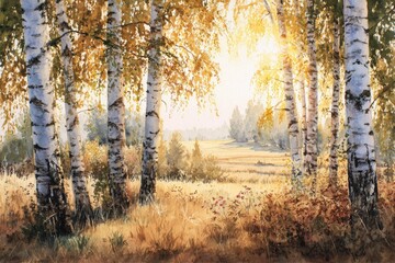 Fototapeta premium A sun-drenched autumn scene with birch trees and golden foliage