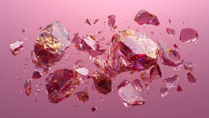 Shattered gemstone fragments with golden inclusions suspended in air
