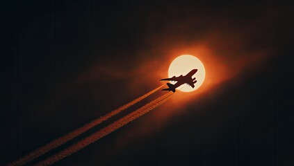 Silhouetted airplane flies past the sun, leaving contrails