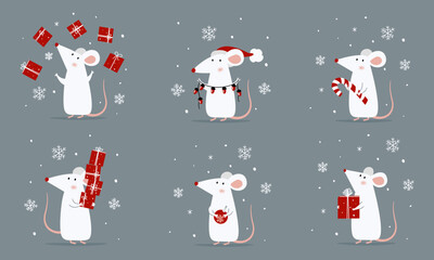 A set of vector illustrations for Christmas cards. Cute white mouse with New Year's gifts and sweets in Santa Claus' hat. Vector illustration