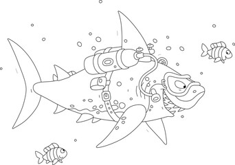 Funny great white shark scuba diver swimming with small striped fishes in waters of a tropical sea, black and white outline vector cartoon illustration for a coloring book