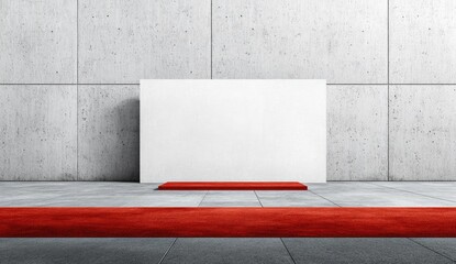A minimalist presentation space with a blank canvas and red carpet