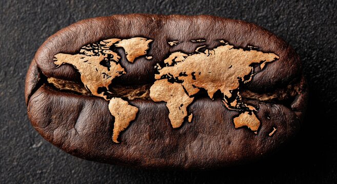 A roasted coffee bean intricately carved with a detailed map of the Earth
