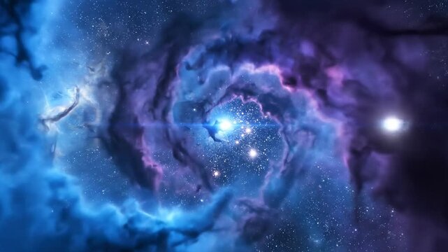 Cinematic view passing through vast electric blue and purple gas clouds swirling dramatically within a cosmic deep space void universe, pan shot, scale