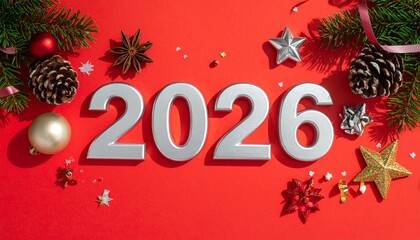 2026 New Year text surrounded by Christmas ornaments, pine branches and stars on red background, festive holiday design, flat lay composition, bright studio lighting