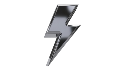Shiny metallic lightning bolt isolated PNG on transparent background, electrical power symbol for design and decoration use
