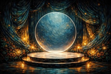 Mystical Circular Stage with Glowing Orb and Drapes