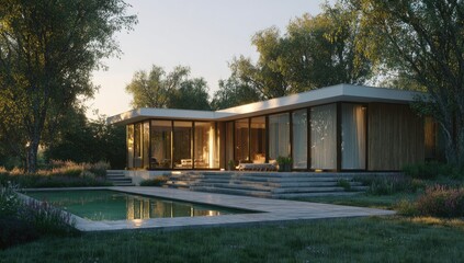 Fototapeta premium Modern architectural home with large glass walls overlooking a pool, surrounded by lush trees