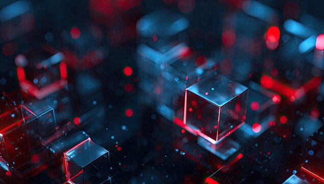 Abstract, futuristic render featuring glowing red and blue cubes floating in a dark space - Powered by Adobe