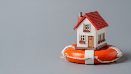 Tiny house model resting on an orange life preserver ring against a gray background