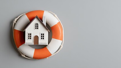 A white house sits within a life preserver on a gray background