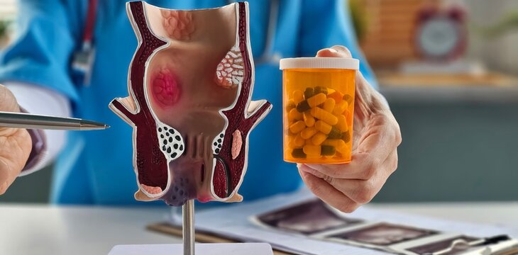 Doctor hands out medicines to patient holding model of rectum concept